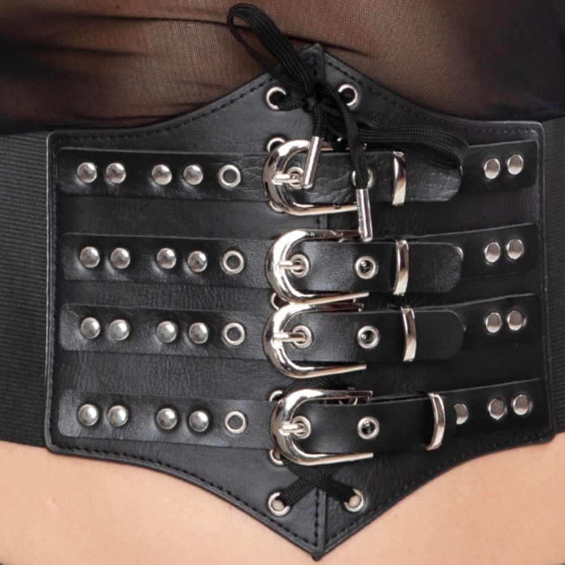 Kinky Diva - Waist Cincher - Underbuste Corset - 4 Gespen - Elastisch - PU-leer - Zwart - Afbeelding 2