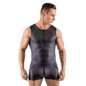 Svenjoyment Underwear - Singlet Bodysuit - 3-Delige Rits - Wetlook - Zwart