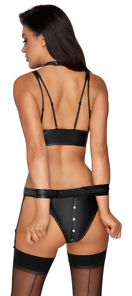 Cottelli Collection - Bondage Set - BH met Collar - Jarretels - Wetlook - Zwart - Afbeelding 6