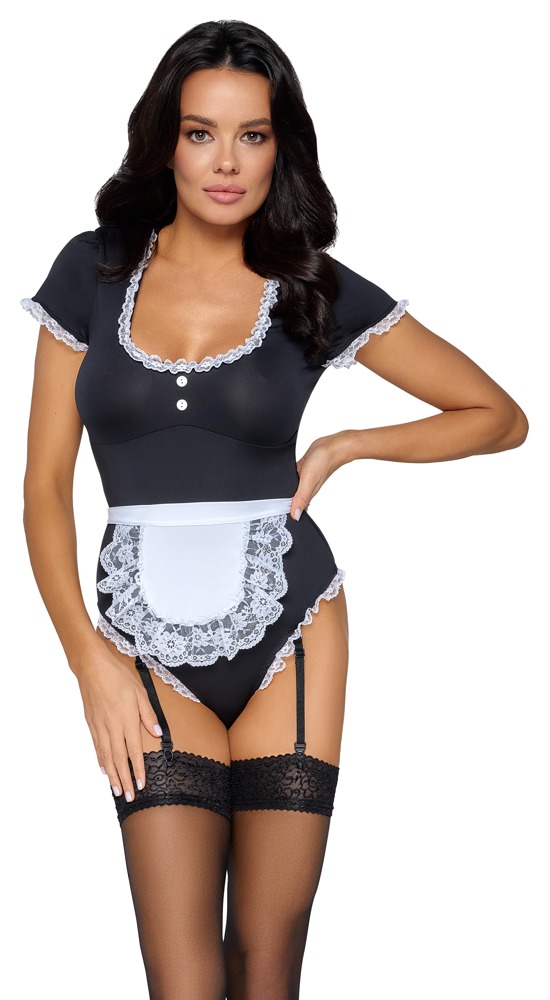 Cottelli Collection - Waitress - Dienstmeisje - Body - Lycra - Zwart - Wit