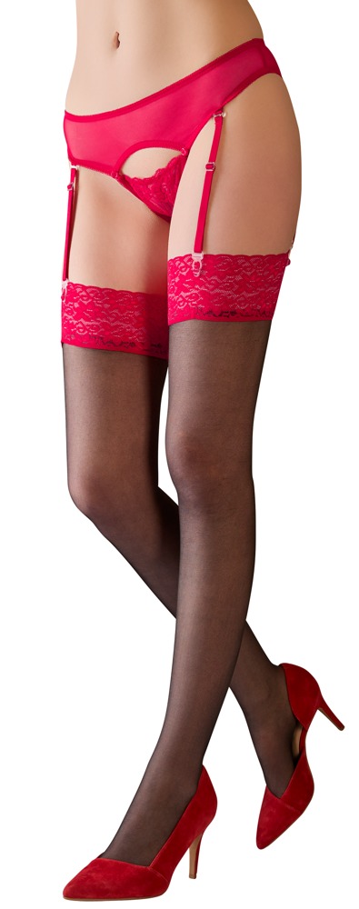 Cottelli Legwear - Kousen - Rode Kanten Rand - Zwart - Afbeelding 2
