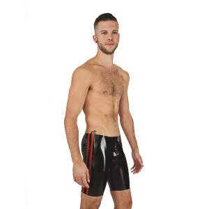 Mr. B - Fucker Short - Rode Banen - 3-zijdige Rits - Lange Pijpen - Latex - Zwart