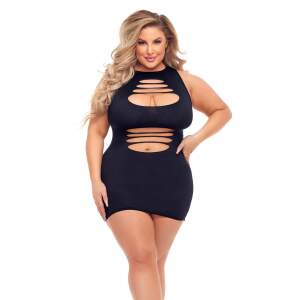 Pink Lipstick - Bodystocking Jurkje Ripped  - Tot 3XL - Lycra - Zwart