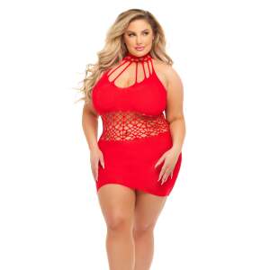 Pink Lipstick - Rich B - Visnet Bodystocking Jurkje - Plus Size - Rood