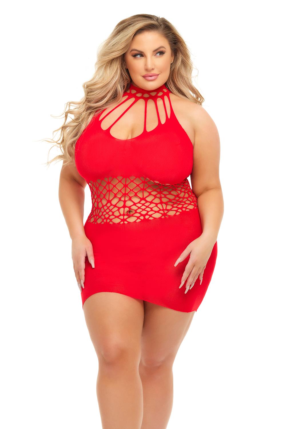 Pink Lipstick - Rich B - Visnet Bodystocking Jurkje - Plus Size - Rood
