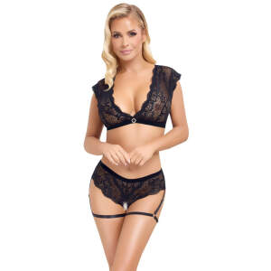 Cottelli Collection - Lingerie Set - Open Kruis - Beenstraps - Kant - Zwart