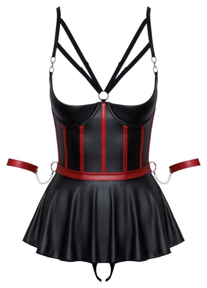 Cottelli Collection - Bondage Corset Jurkje - Halve Cup - Rokje - String - Wetlook - Zwart - Afbeelding 7