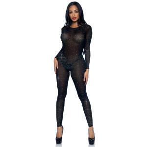 Leg Avenue - Catsuit - Open Rug - Strass - Gaas - Zwart