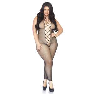 Leg Avenue - Bodystocking - Visnet - Vetersluitingen - Zonder Voeten - Queensize - Zwart