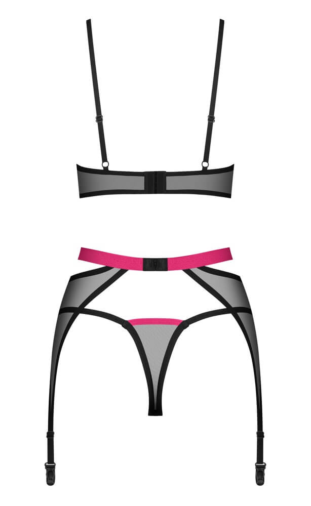 Obsessive - Novenes - Lingerie Set - Met Jarretelles - Red Straps - Gaas - Zwart - Afbeelding 4