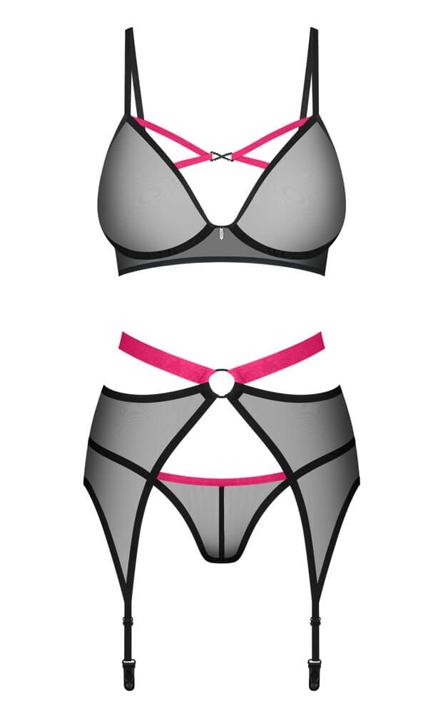 Obsessive - Novenes - Lingerie Set - Met Jarretelles - Red Straps - Gaas - Zwart - Afbeelding 3