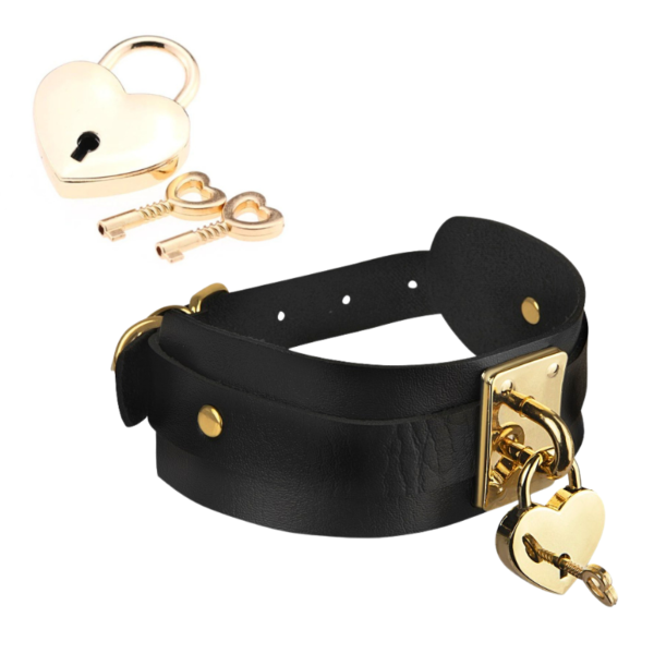 Kinky Diva - Collar Heart Lock - Choker - BDSM - PU Leer - Goud - Zwart - Afbeelding 3