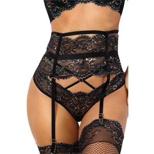 Axami - Valley of Sensations - Jarretelgordel - Goud met Blauw accent - Kant - Zwart