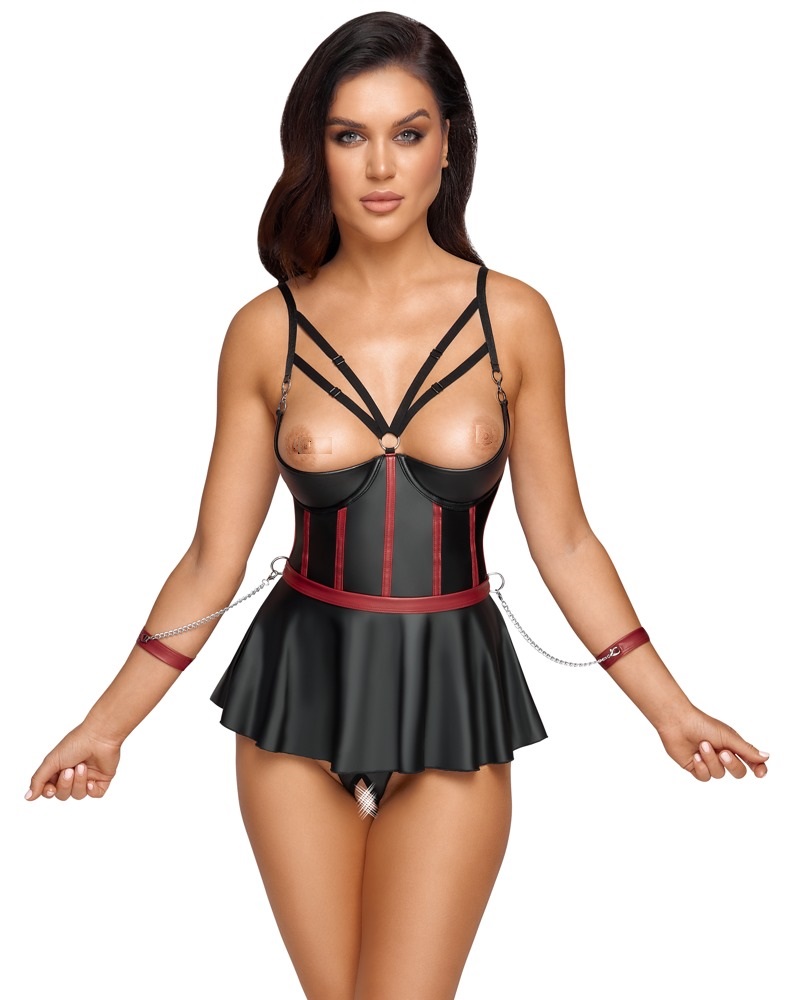 Cottelli Collection - Bondage Corset Jurkje - Halve Cup - Rokje - String - Wetlook - Zwart
