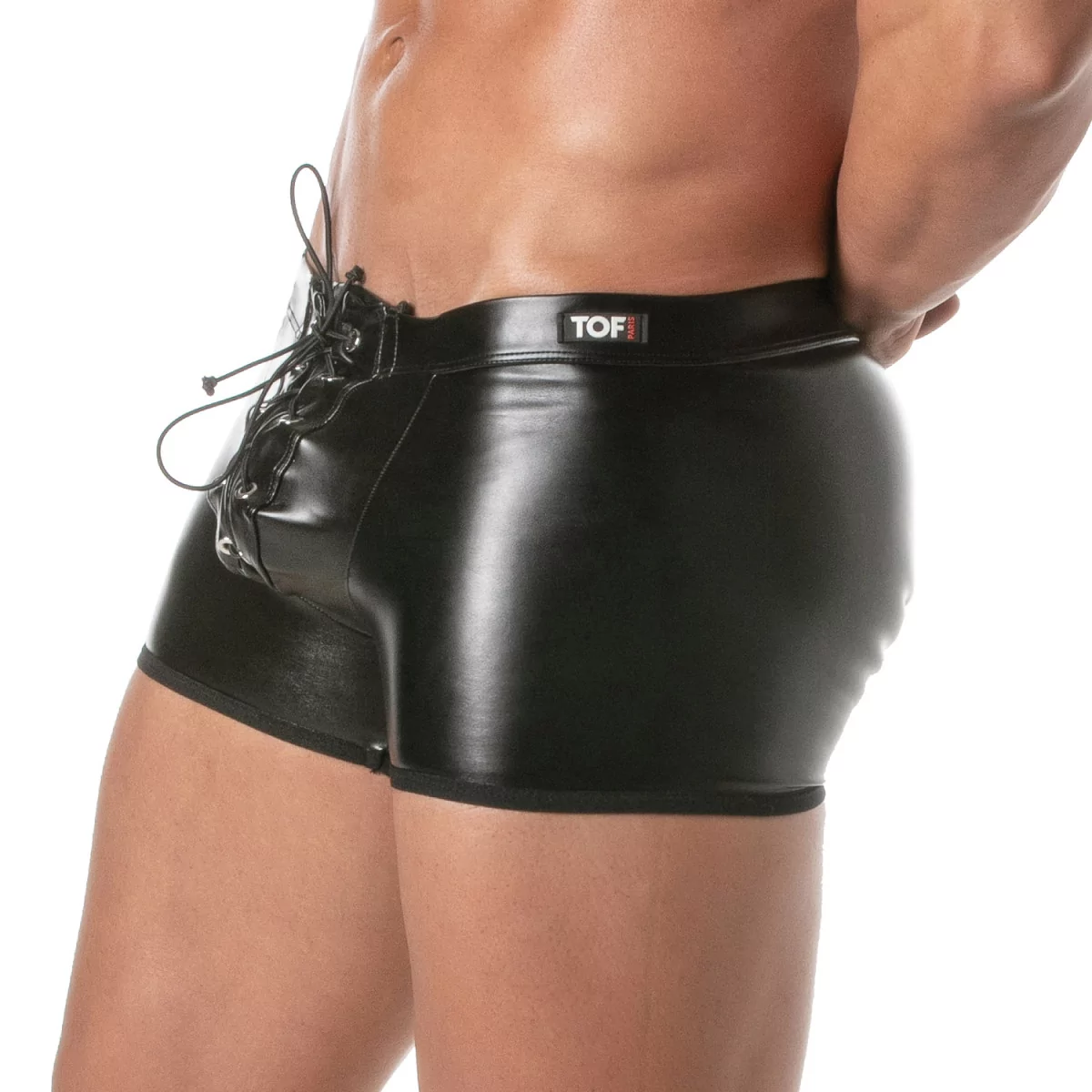 TOF PARIS - Kinky Bondage Boxer - Short - Vetersluiting - PU-leer - Zwart - Afbeelding 2