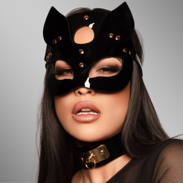 Kinky Diva - Cat Mask - Deluxe - Lak - Verstelbaar - Zwart - Goud - Afbeelding 3