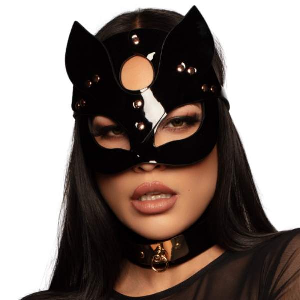 Kinky Diva - Cat Mask - Deluxe - Lak - Verstelbaar - Zwart - Goud
