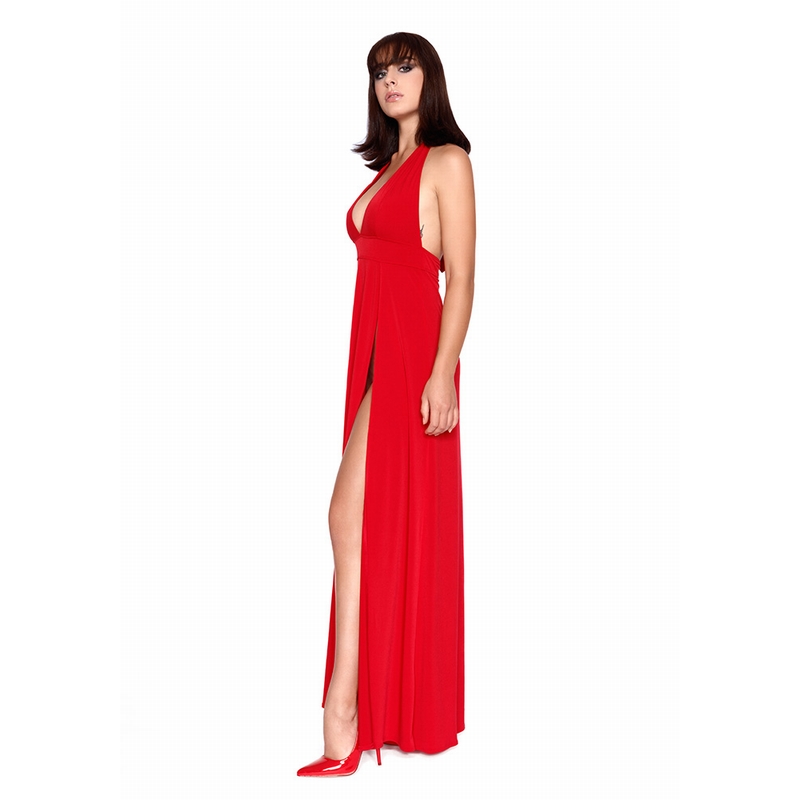Patrice Catanzaro - Lange Rode Jurk met Hoge Splitten en Diepe Halslijn - Isabella Robe Rouge - Afbeelding 6