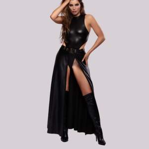 Kinky Diva - Maxi Wetlook Rok met Split en Gouden Accenten - Zwart