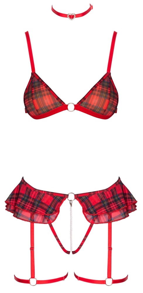 Cottelli Collection - 3-delig Lingerie Setje - Gaas - Parelsnoer - Rood - Afbeelding 5