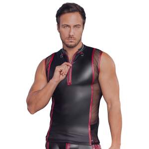 NEK - Shirt - Mouwloos - Wetlook - Gaas - Rode Accenten - Zwart