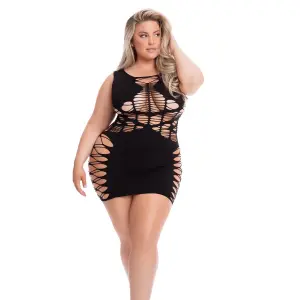 Pink Lipstick - Dynamite Diva Dress - Visnet Bodystocking Jurkje - Plus Size - Zwart