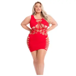 Pink Lipstick - Dynamite Diva Dress - Visnet Bodystocking Jurkje - Plus Size - Rood