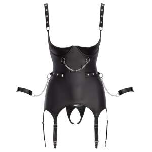 Cottelli Collection - Kruisloze Bustier met Open Cup en Jarretelles - Open Kruis String - Wetlook - Zwart