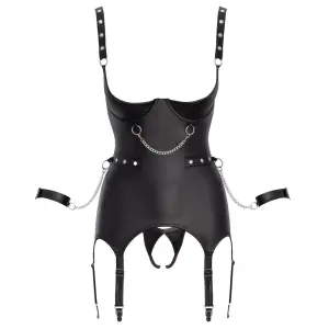 Cottelli Collection - Kruisloze Bustier met Open Cup en Jarretelles - Open Kruis String - Wetlook - Zwart