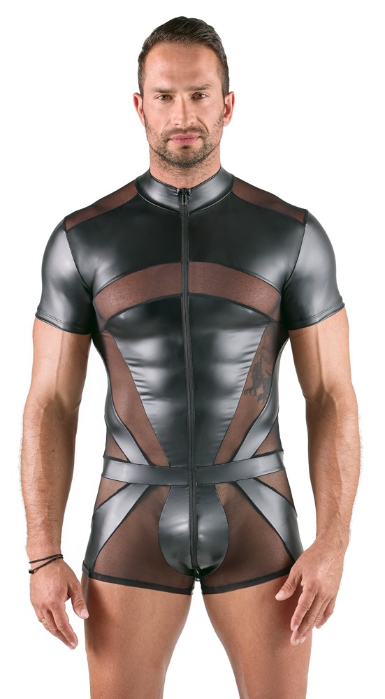Svenjoyment - Wetlook Bodysuit met Gaas Inzetten - Zwart